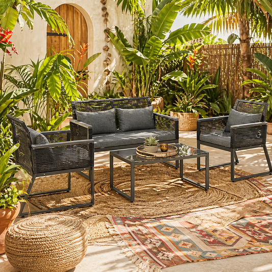 Mopafa Rattan Rope Dark Grey Seater  Piece Garden Furniture Set With Cushions