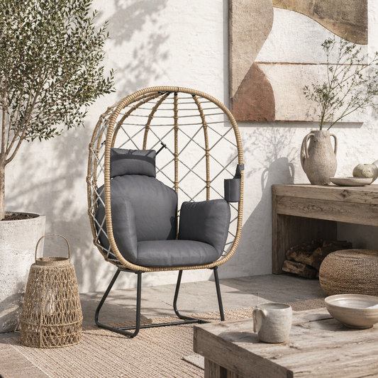 Nepa Rattan Brown and Grey Outdoor Garden Egg Chair With Cushions And Cup Holder