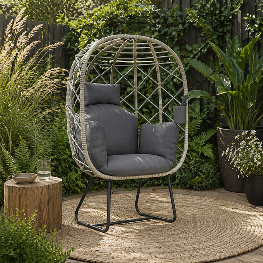 Sepano Rattan Grey Outdoor Garden Egg Chair With Cushions Headrest And Cup Holder