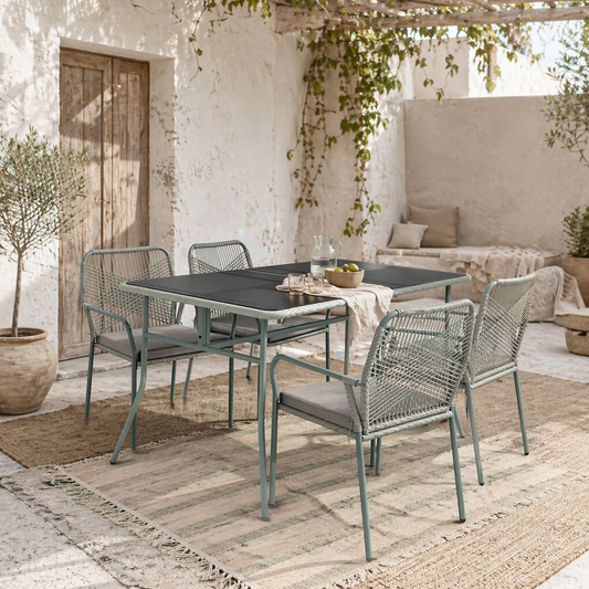 Rolapa Rattan Rope Grey 4 Seater Outdoor Garden Dining Set With Stackable Chairs