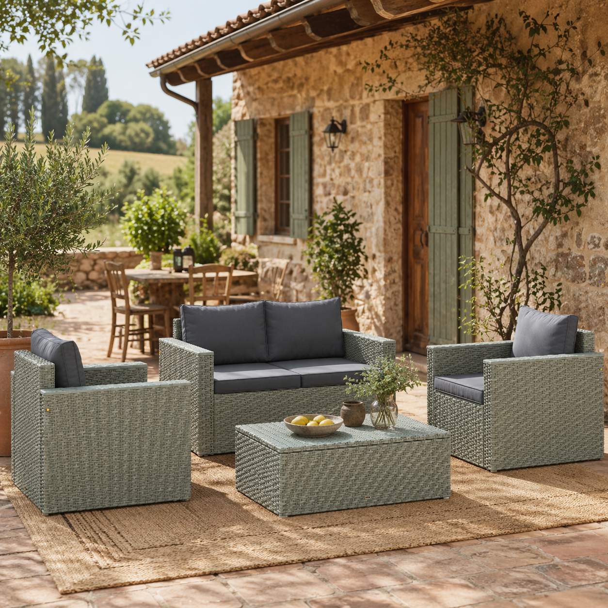 Zisupa Rattan Grey 4 Seater Outdoor Garden Sofa Set With Coffee Table
