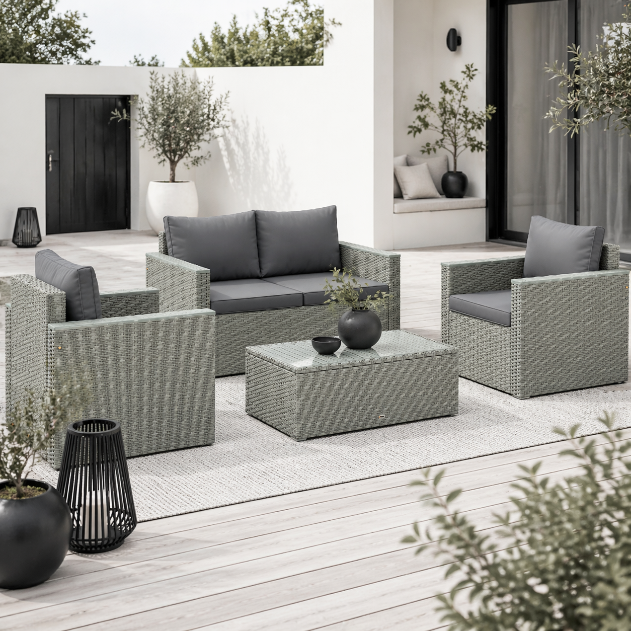 Zisupa Rattan Grey 4 Seater Outdoor Garden Sofa Set With Coffee Table