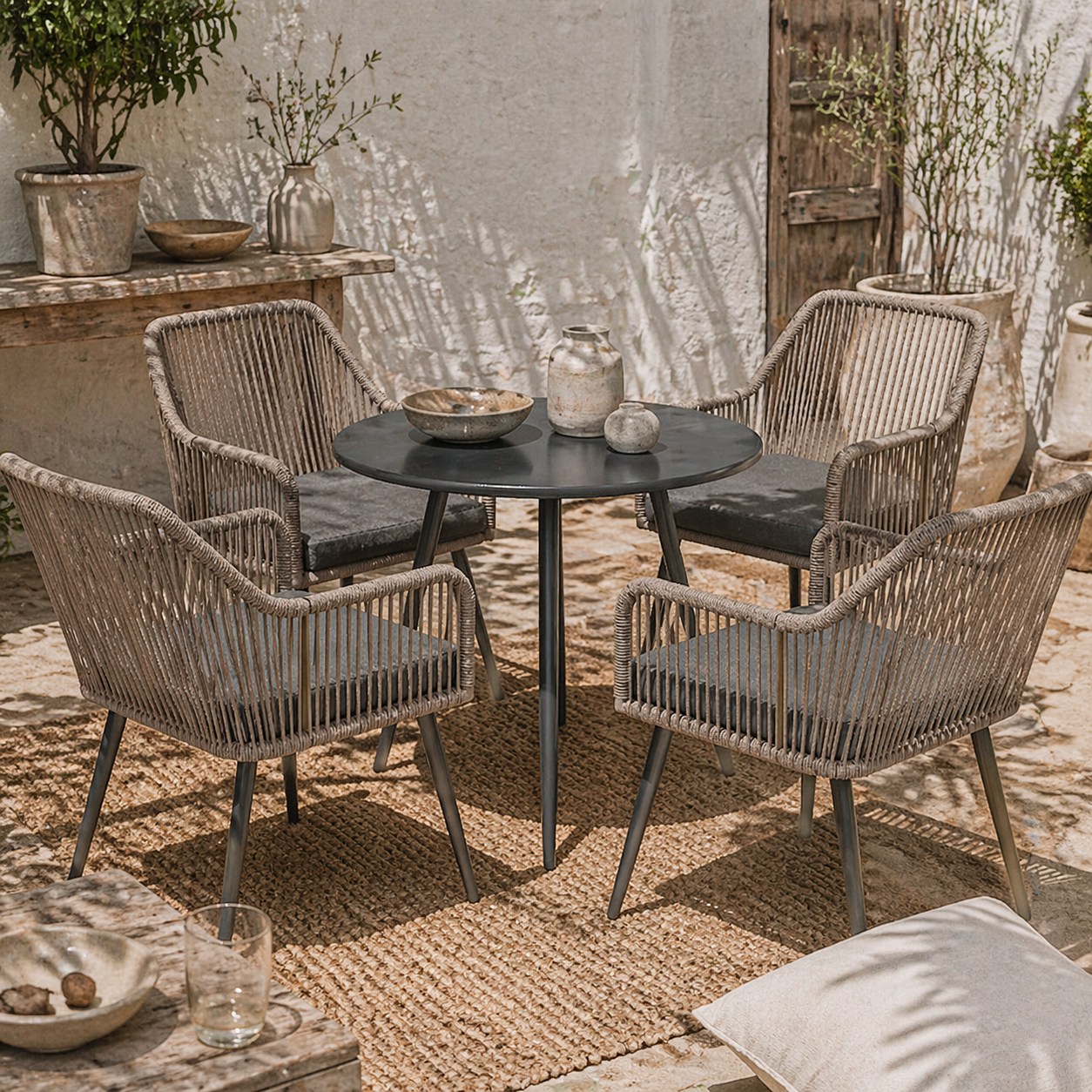 Sudore Rele Rattan Light Brown 4 Seater Outdoor Dining Set With Cushions And Round Glass Table