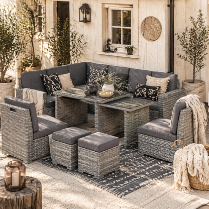 Nomiri 10 Seater Rattan Light Grey Outdoor Garden Sofa Set With Extendable Dining Table
