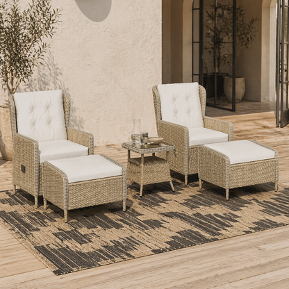 Nonomo Nofa Rattan Natural and White Reclining Outdoor Garden Bistro Set With Cushions