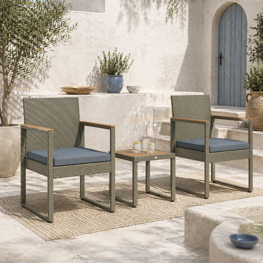 Viyofi Rattan Grey and Natural 3 Piece Outdoor Garden Bistro Set With Cushions