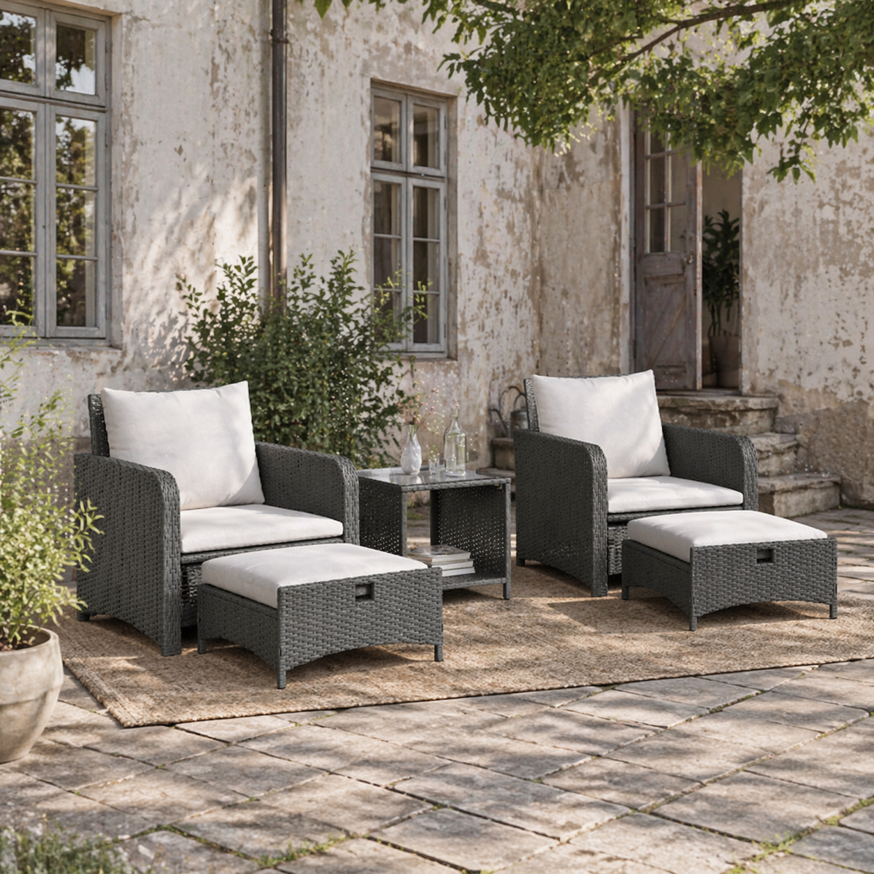Mami Rattan Grey and White Outdoor Garden Bistro Set With 2 Tier Coffee Table And Footstools
