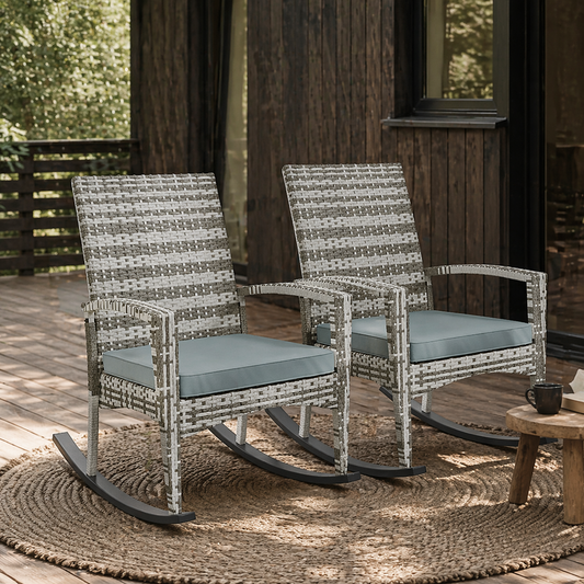 Noreke Set Of 2 Rattan Light Grey  Garden Rocking Chairs With Cushions