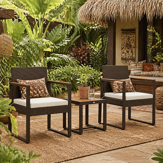 Bermuda Rattan Brown and White 3 Piece Outdoor Garden Bistro Set With Table