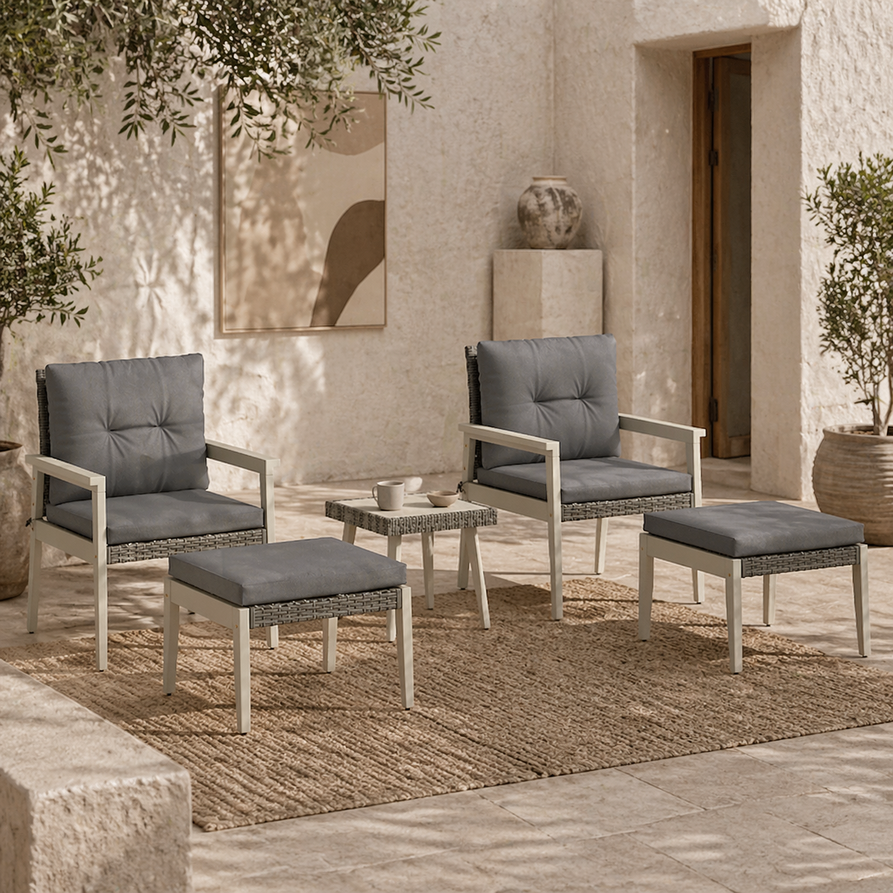 Nosalu Rattan Grey 5 Piece Outdoor Garden Bistro Set With Table and Footstools