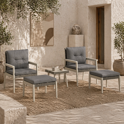 Nosalu Rattan Grey 5 Piece Outdoor Garden Bistro Set With Table and Footstools