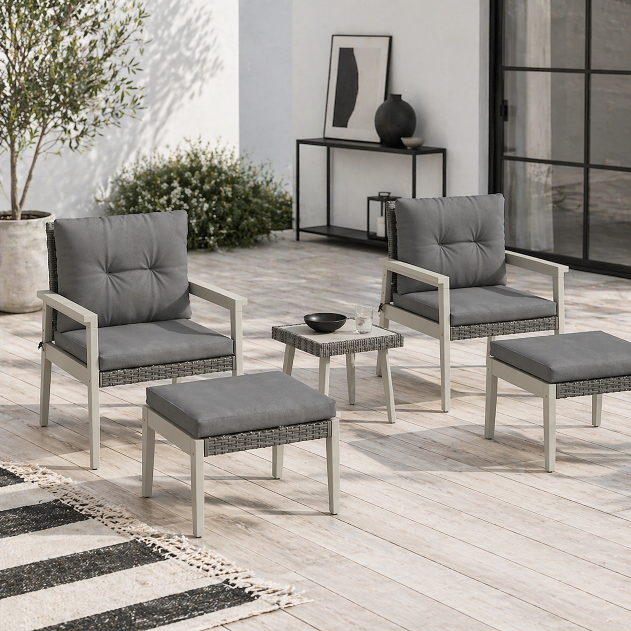 Nosalu Rattan Grey 5 Piece Outdoor Garden Bistro Set With Table and Footstools