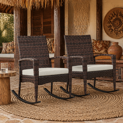 Ralave Set Of 2 Brown Rattan Garden Rocking Chairs With Cushions