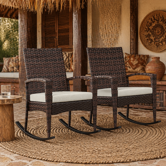 Ralave Set Of 2 Brown Rattan Garden Rocking Chairs With Cushions