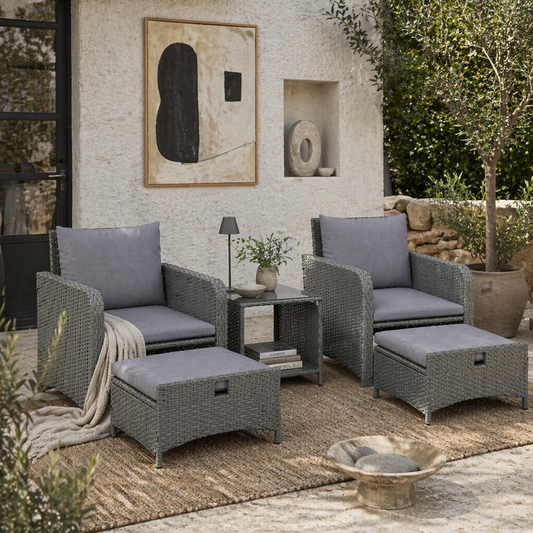 Rora Rattan Grey 5 Piece Garden Bistro Set With 2 Tier Coffee Table And Footstools