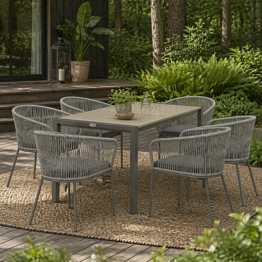 Riluvi Rattan Grey 6 Seater Outdoor Garden Dining Set With Wood Top Table And Cushioned Chairs