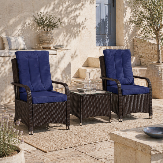 Rereha Dark Blue Rattan 3 Piece Bistro Set With Glass Table And Protective Cover