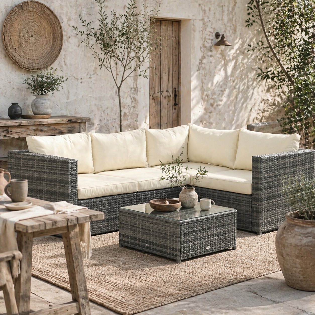 Sapana Rattan Grey and Cream 4 Seater Corner Garden Sofa Set With Glass Top Table