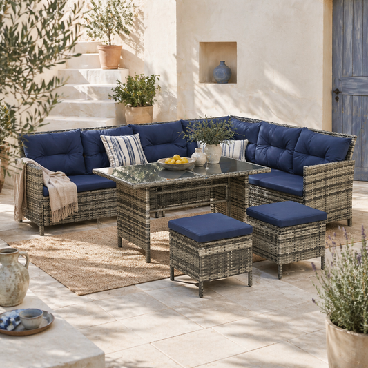Rarapa Rattan Dark Blue 7 Seater Garden Sofa Set With Glass Table And Cushions