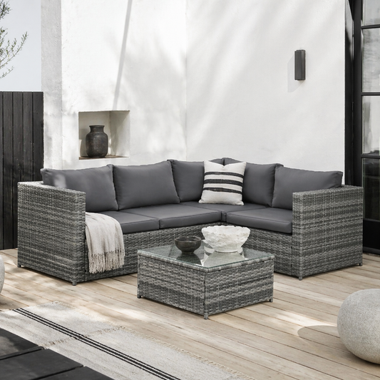 Laneri Rattan Grey 4 Seater Corner Garden Sofa Set With Glass Table