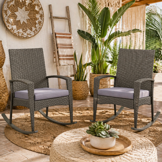 Lora Set Of 2 Grey Rattan Outdoor Garden Rocking Chairs With Cushions