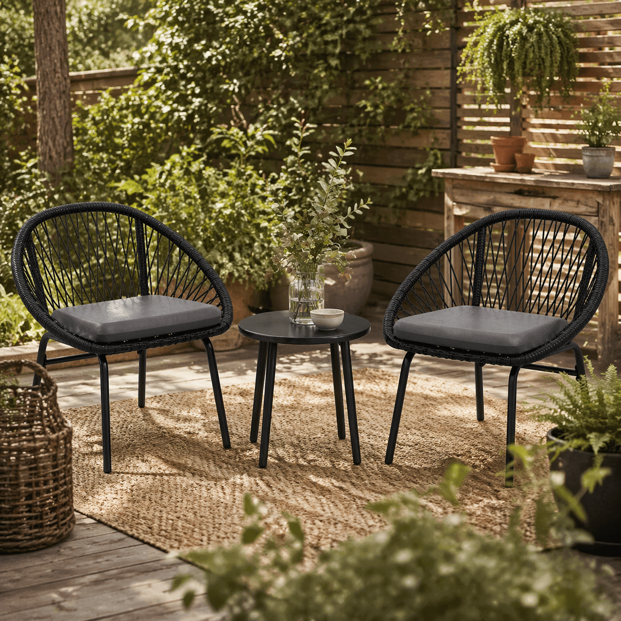 Lukeno Black Rattan Rope 3 Piece Outdoor Bistro Set Table and 2 Chairs Set