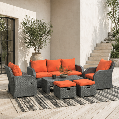 Lerami Rattan Orange 7 Seater Outdoor Garden Furniture Set Sofa Reclining Armchairs and Footstool