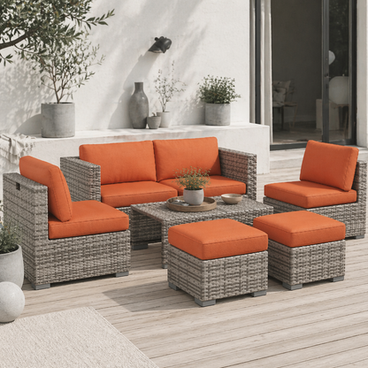 Suve Grey Rattan 6 Seater Garden Furniture Set With Orange Cushions