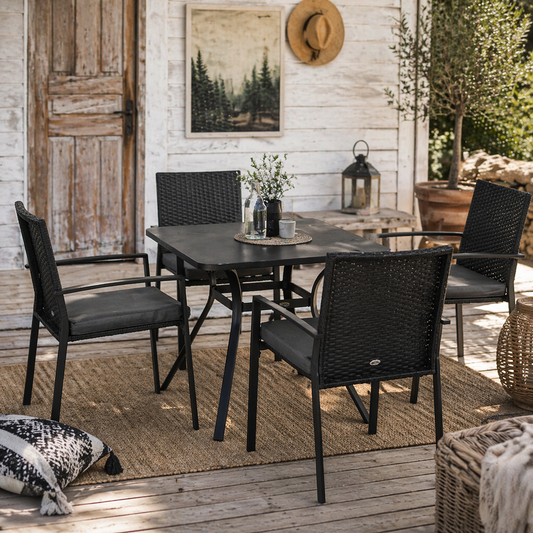 Laresu 4 Seater Black Rattan 5 Piece Garden Dining Set With Cushioned Chairs