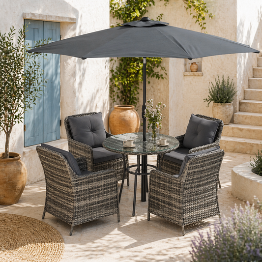 Rolana Nivi 4 Seater Rattan Grey Outdoor Dining Set With Parasol And Cushions