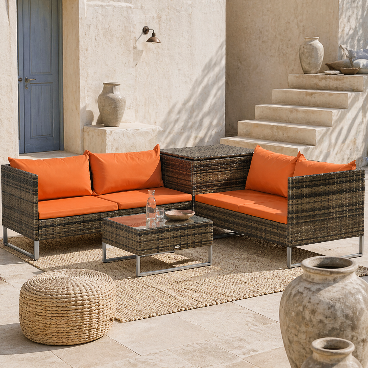 Vemato Rattan Orange And Brown 4 Seater Garden Furniture Set With Storage Table