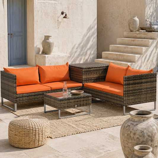 Vemato Rattan Orange And Brown 4 Seater Garden Furniture Set With Storage Table