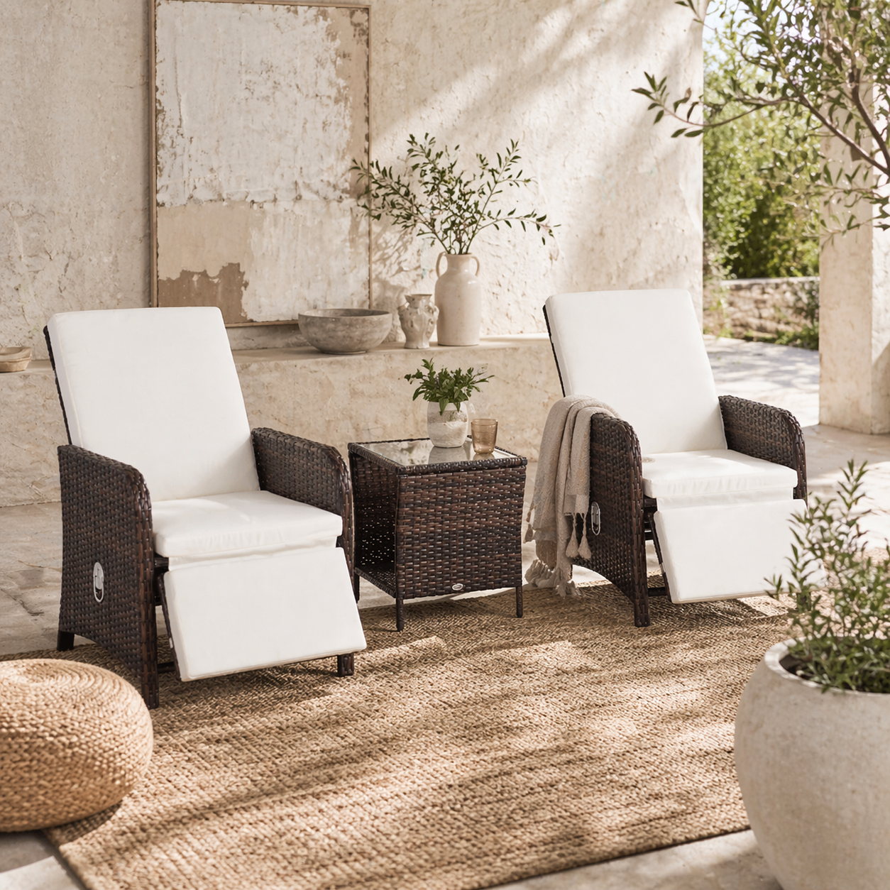 Nomo Cream and White Rattan 3 Piece Garden Outdoor Bistro Set With Cushions And Storage Function