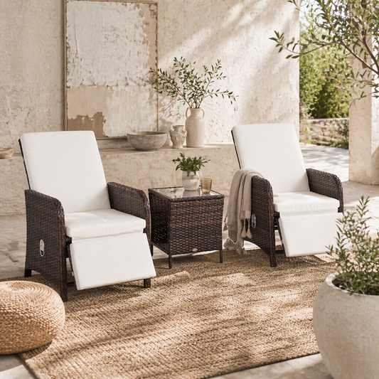 Nomo Cream and White Rattan 3 Piece Garden Outdoor Bistro Set With Cushions And Storage Function