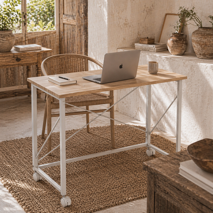 Yokare 80cm Wooden Natural and White Folding Desk On Wheels