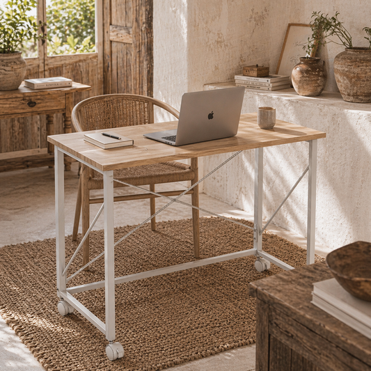 Yokare 80cm Wooden Natural and White Folding Desk On Wheels