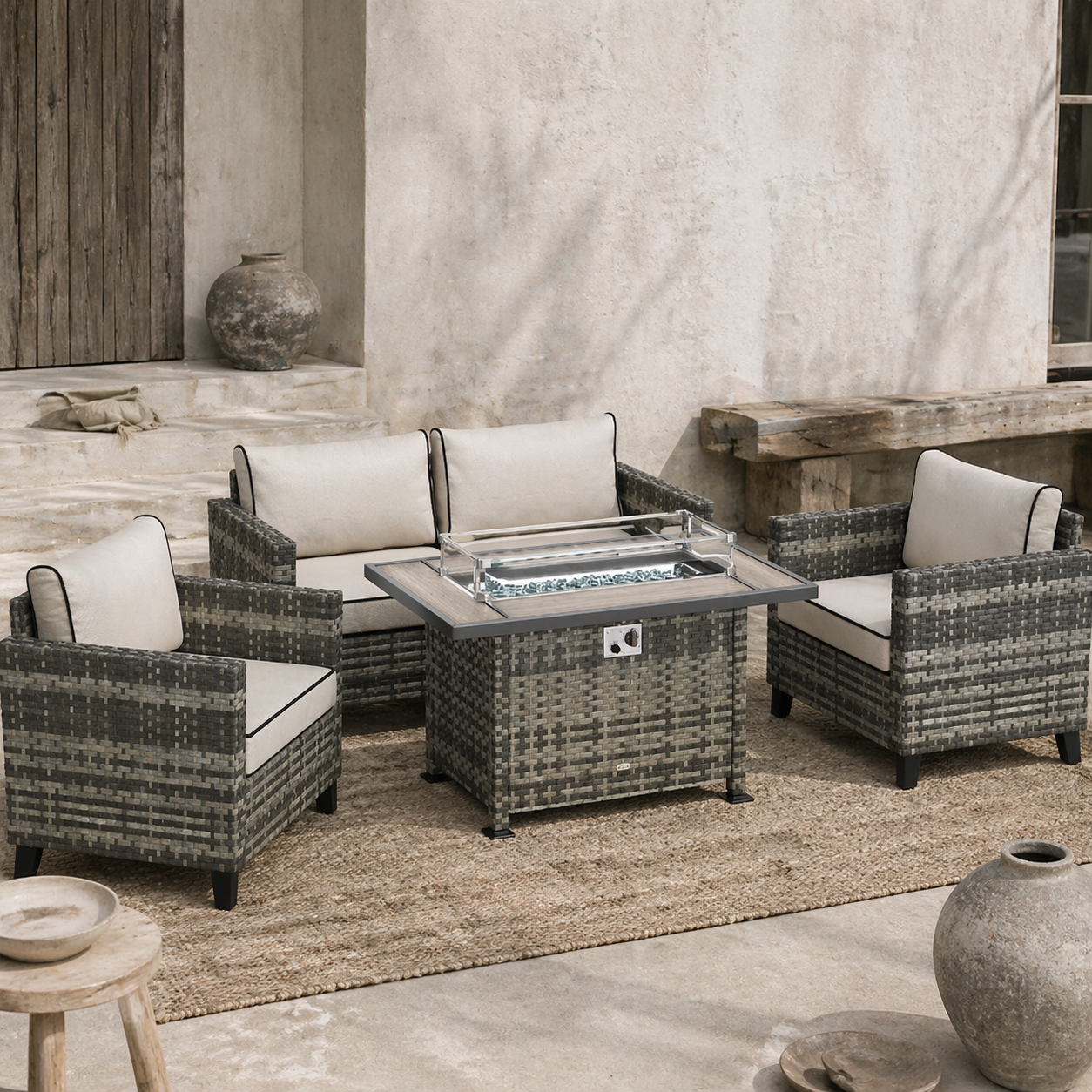 Nerato Grey Rattan 4 Seater Garden Furniture Set With Gas Fire Pit Table