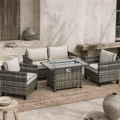 Nerato Grey Rattan 4 Seater Garden Furniture Set With Gas Fire Pit Table