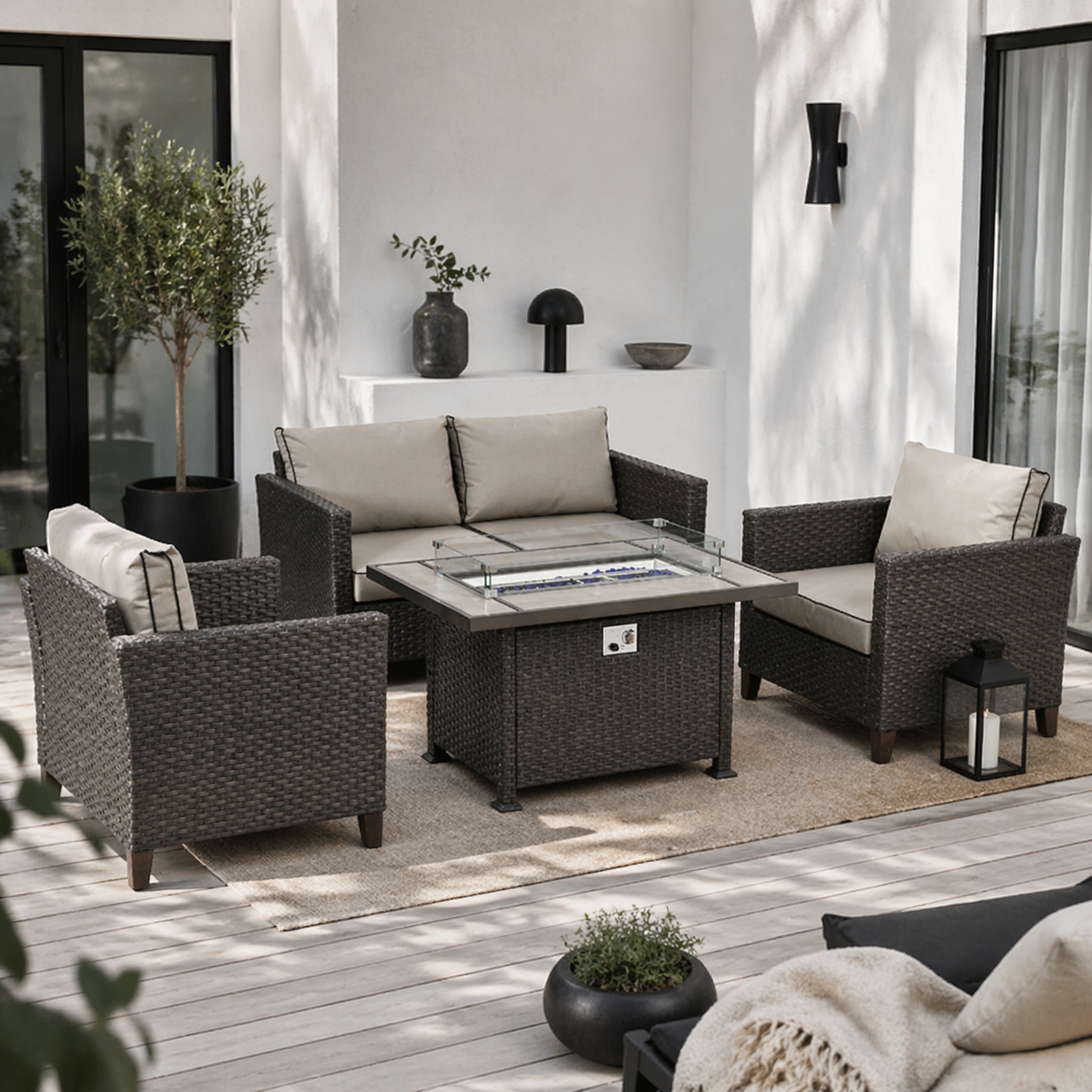 Nerato Brown Rattan 4 Seater Garden Furniture Set With Gas Fire Pit Table
