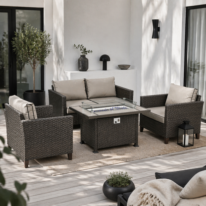 Nerato Brown Rattan 4 Seater Garden Furniture Set With Gas Fire Pit Table