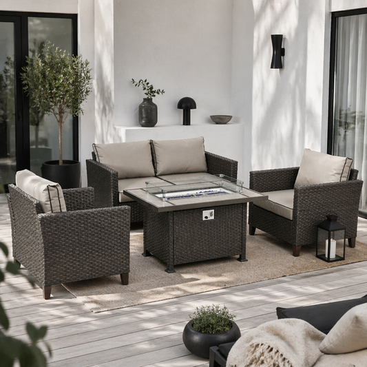 Nerato Brown Rattan 4 Seater Garden Furniture Set With Gas Fire Pit Table