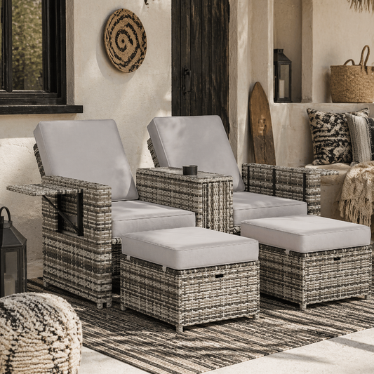 Saelmo Grey Rattan Sun Lounger Set With Storage Tea Table And Footstools