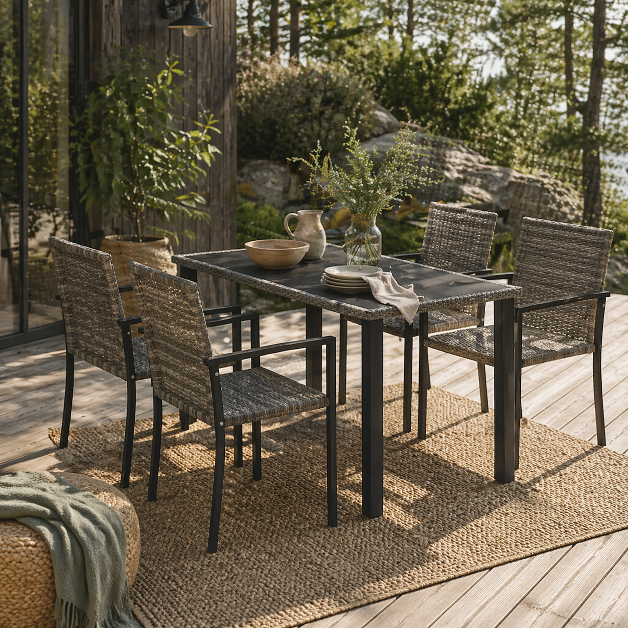 Saka Rattan Grey 4 Seater Outdoor Garden Dining Set With Tempered Glass Table And Chairs