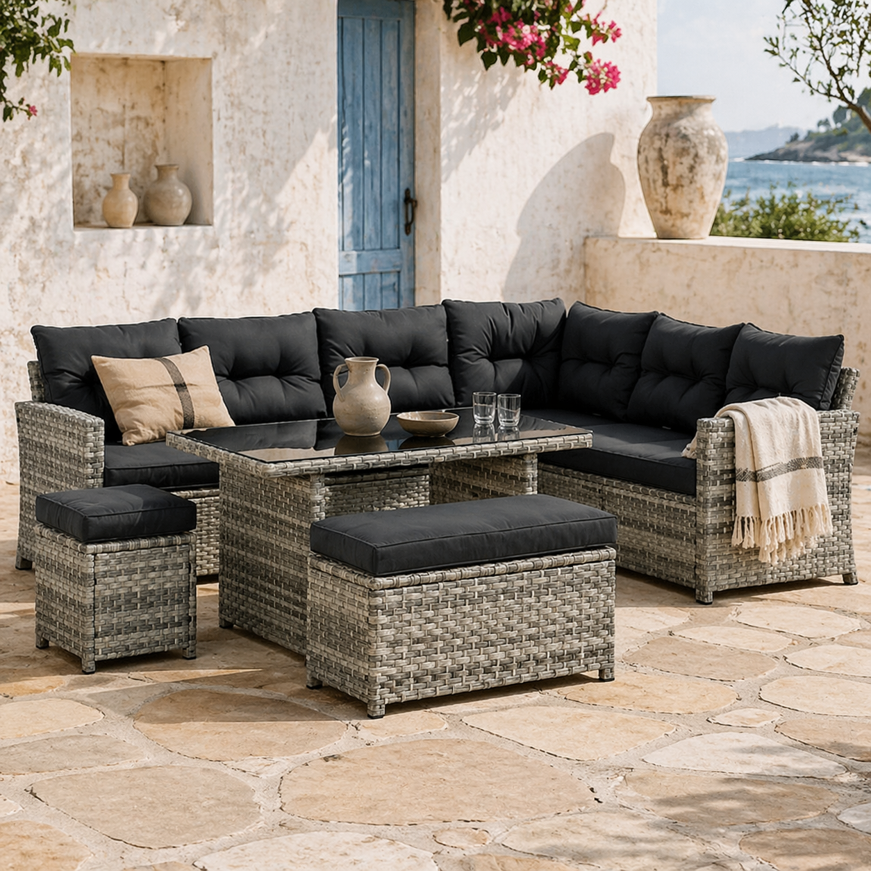 Sakale Grey Rattan 9 Seater Garden Furniture Set With Corner Sofa Footstools And Glass Table