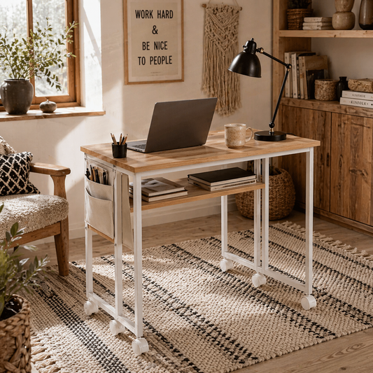 Zika 80cm Wooden Natural Drop Leaf Writing Desk with Lockable Wheels