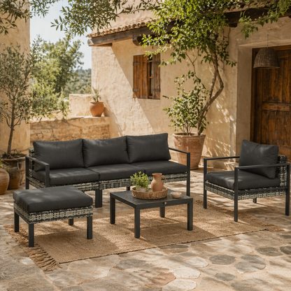 Fineno Rattan Dark Grey and Black 5 Seater Garden Sofa Set With Cushions