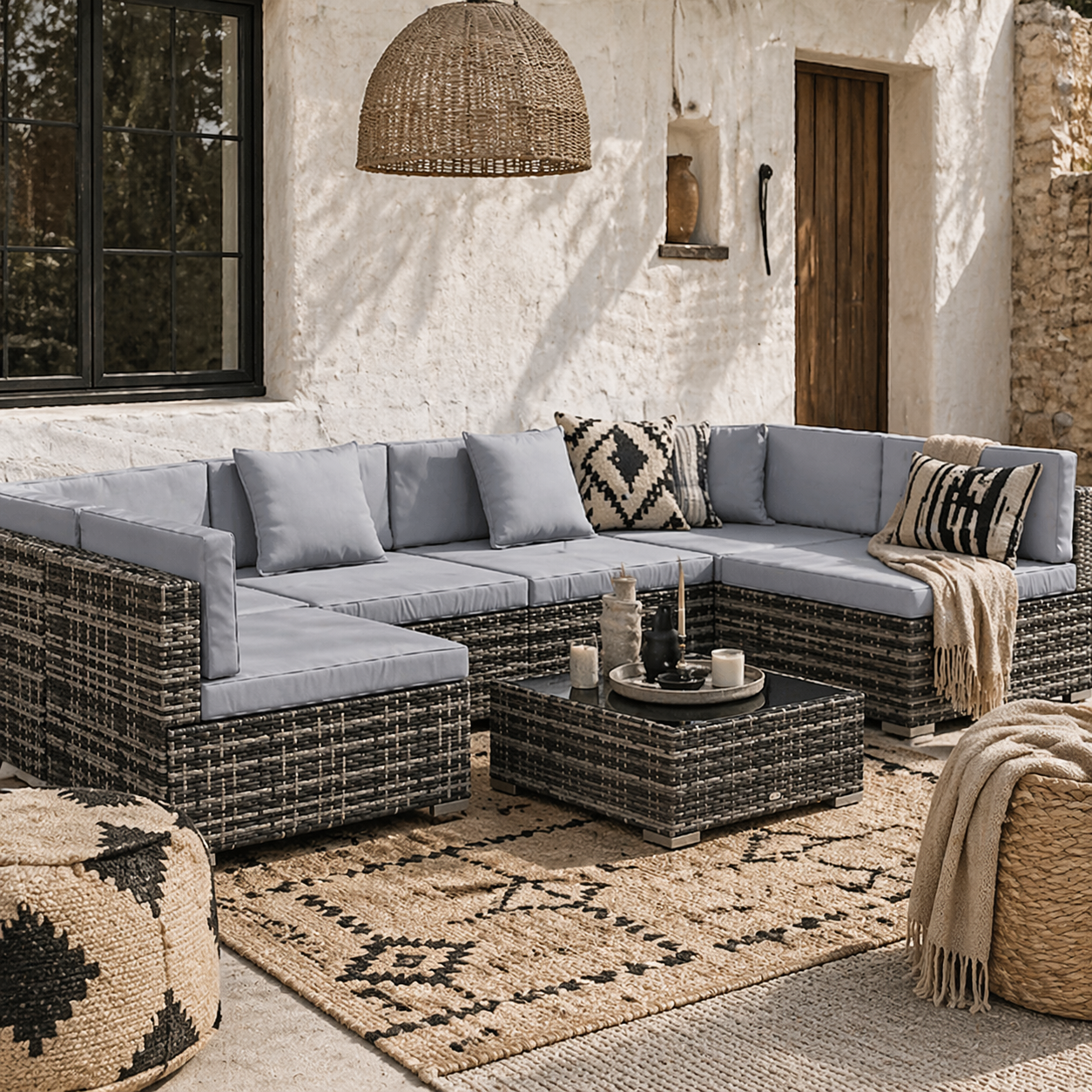 Nalo Elni Grey Rattan  7 Piece Garden Set With Glass Top Table