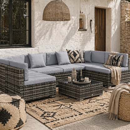 Nalo Elni Grey Rattan  7 Piece Garden Set With Glass Top Table