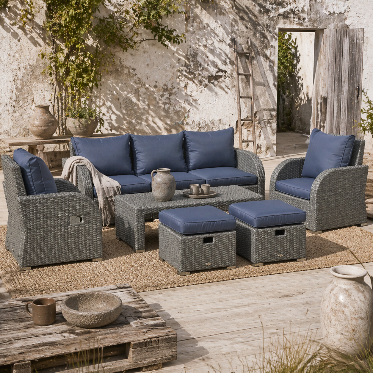Sediro Lule Grey and Blue Rattan 7 Seater Outdoor Furniture Set With Reclining Armchairs Footstools and Table