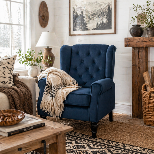 Rake Dark Blue Retro Wingback Accent Chair With Button Tufted Upholstery